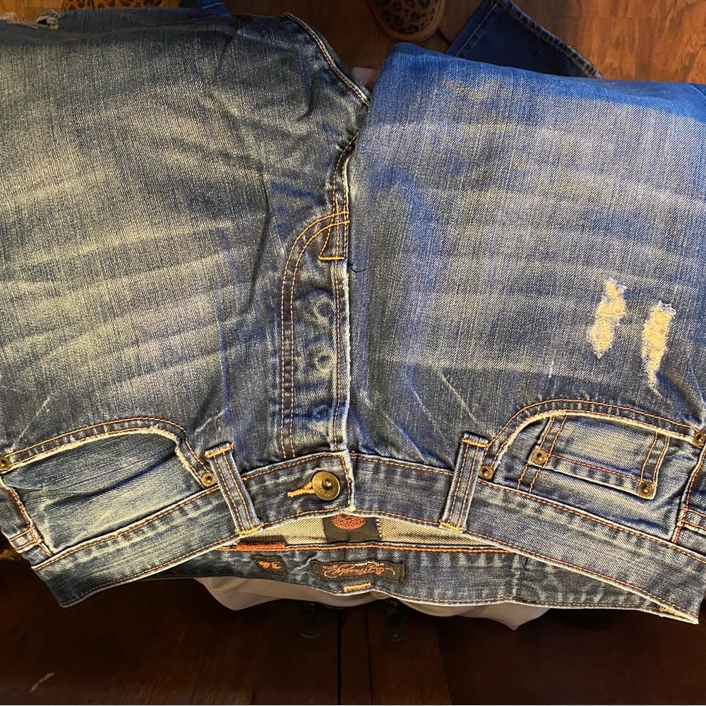 Ed Hardy Blue Jeans with Skull and Rose Embroidery - Picture 4 of 12